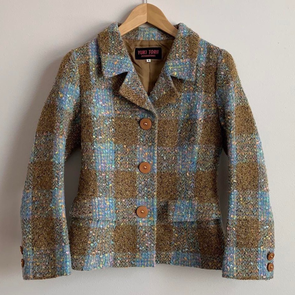 vintage Japanese brand suit jacket in pastel rainbow & blue, brown (Yuki Torii)